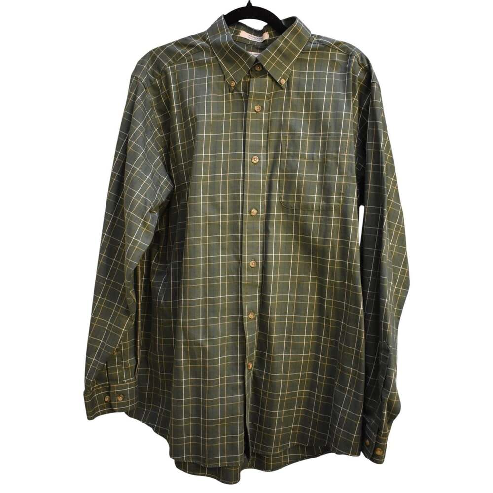 L.L. BEAN Button Down Cotton Shirt 269337 Olive Green Check - Mens Large
